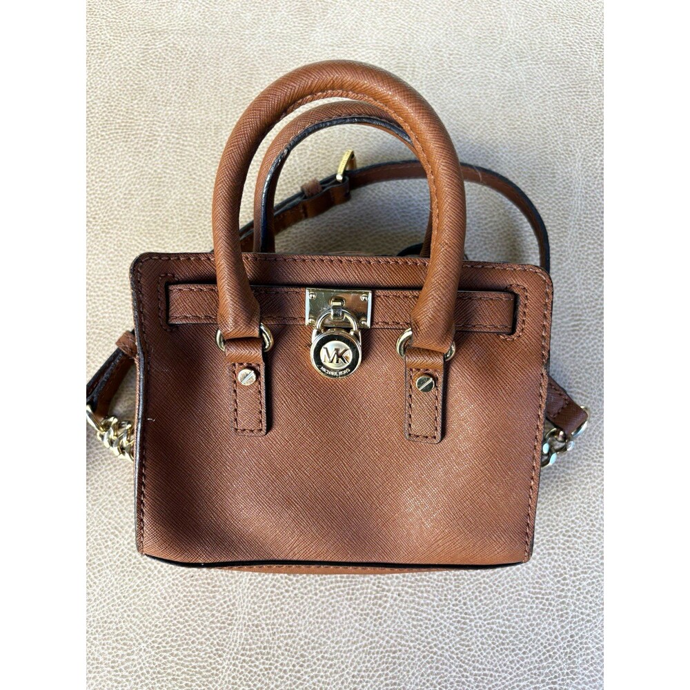 Michael Kors Small Brown Satchel Top Handle Turn Lock Detachable Strap Gold